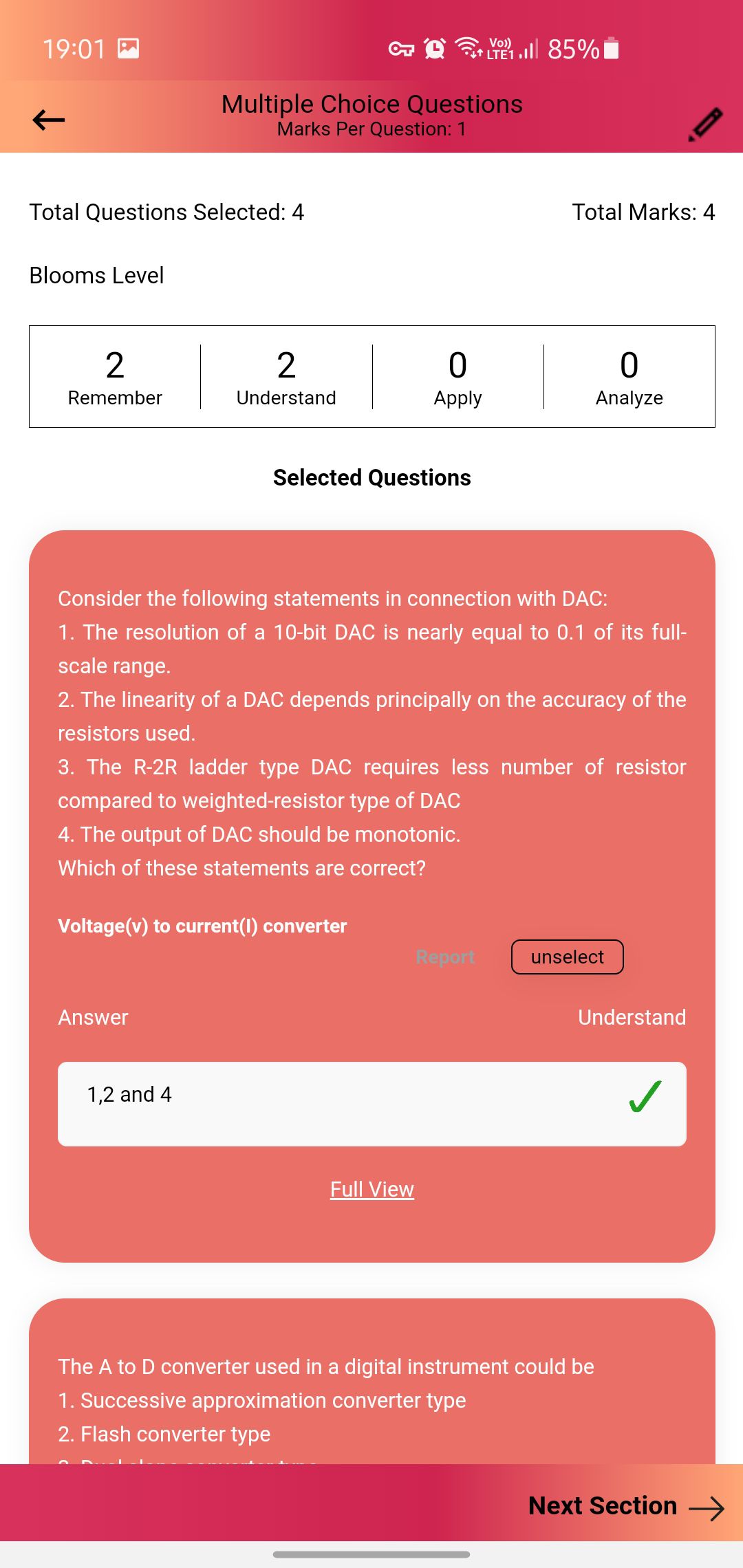 10. Verify the Selected Questions and click on “Next Section” to Proceed Further.