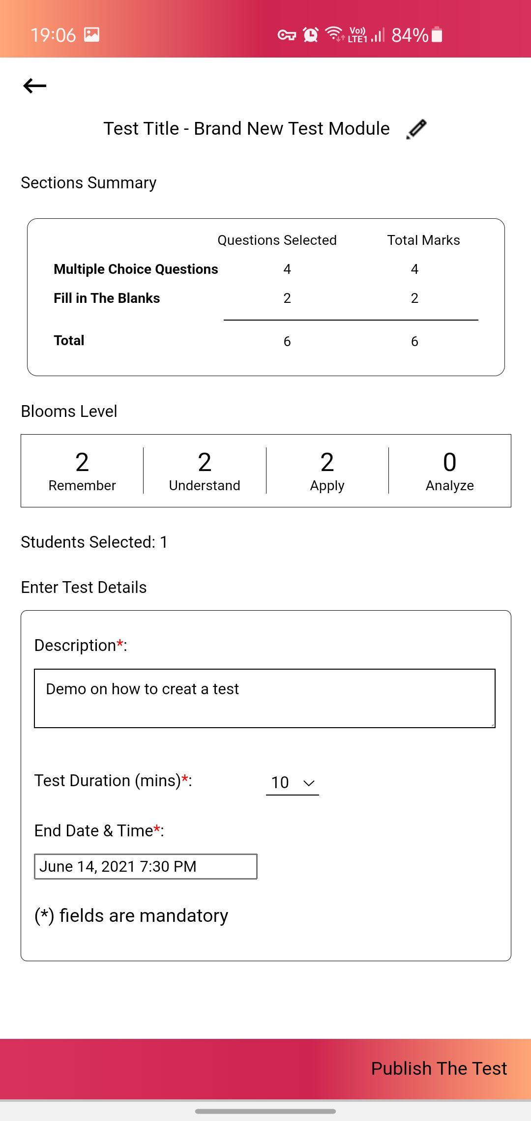 17. Click on “Publish The Test” to Push the Test to Students