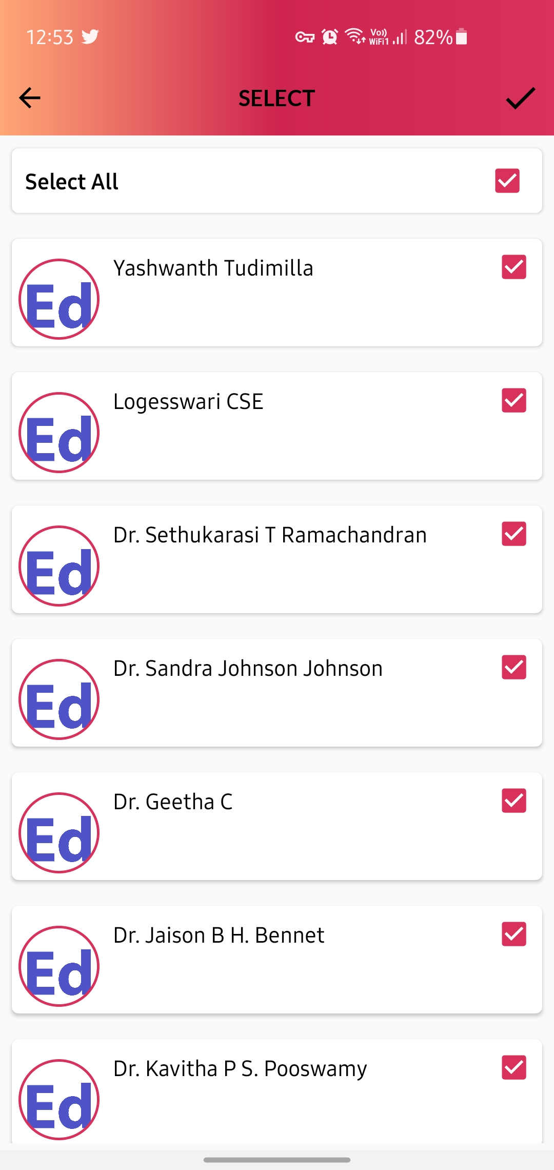 3. Mark “ Select All” to select all the faculty in the selected department or manually select the faculty you want to deploy to with the check box beside every student.