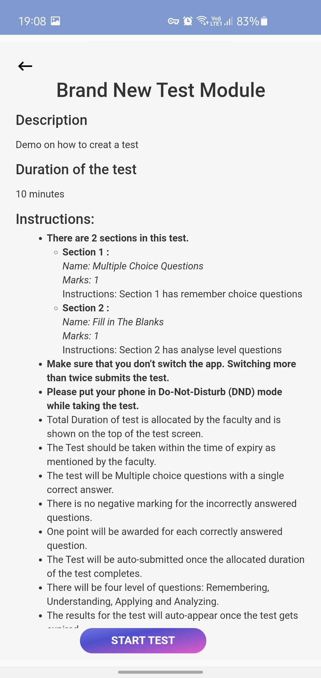 27. Students can see the Section wise details in “Test Instructions