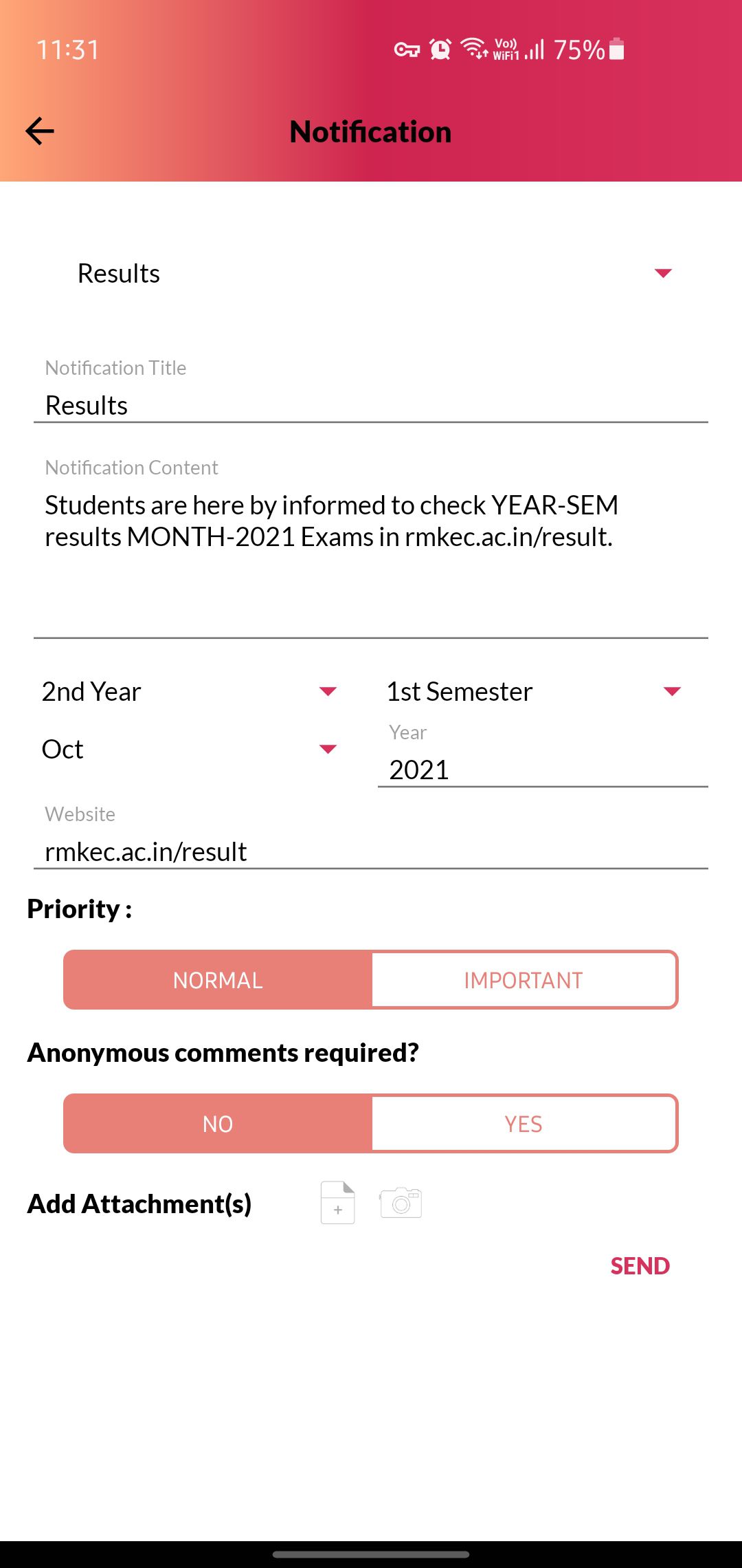 5. Based on the template selected you’ll be given pre-customized text which changes with the attributes (in this template the Year, Semester, etc) provided by you.