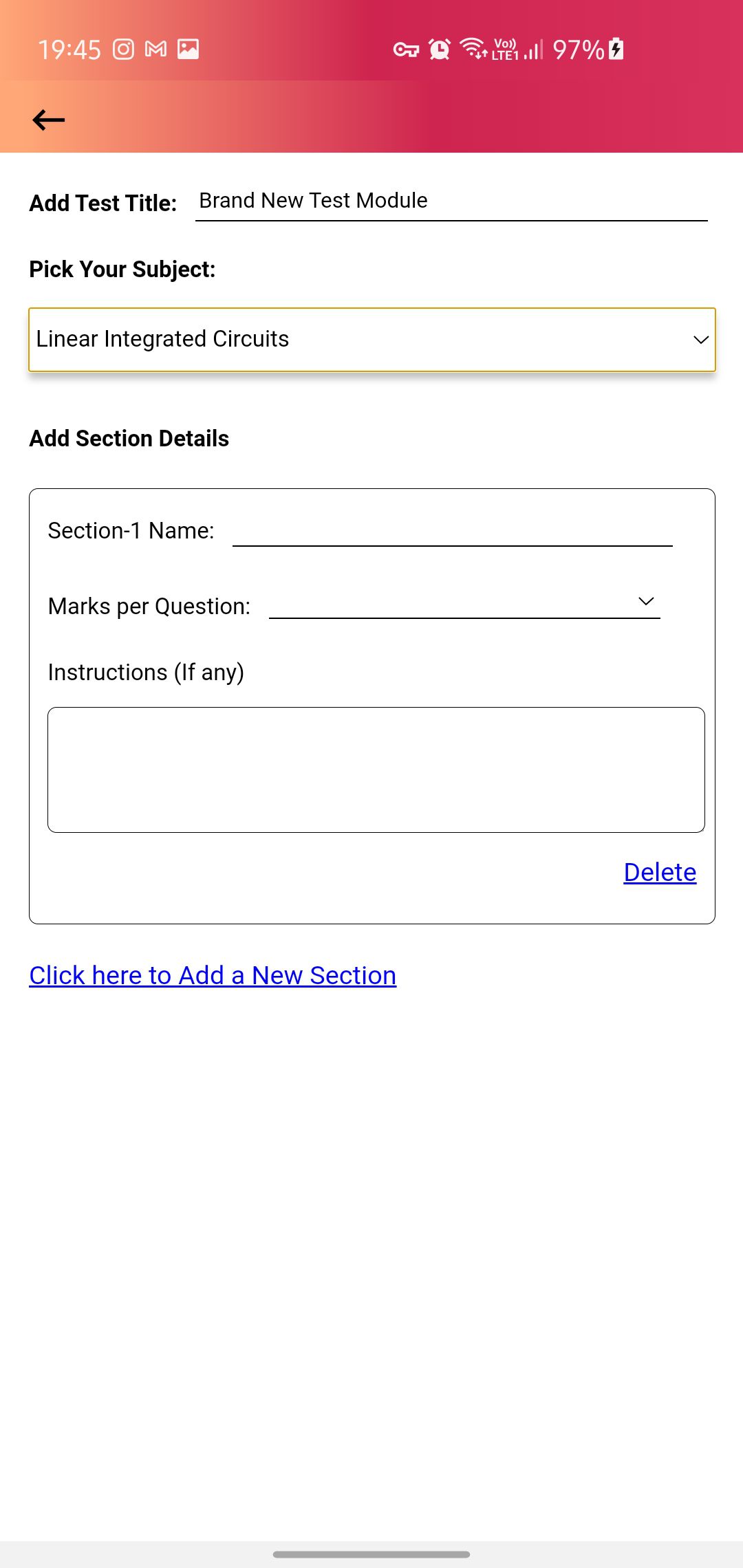 Once the Subject is selected, you will be prompted add “Section •