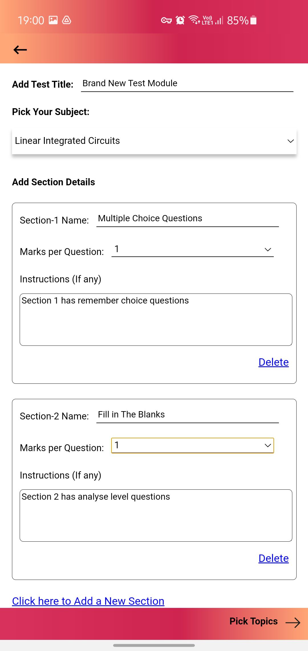 7. After Filling all the required Details on the Test Summary screen you’ll be able to click on “Pick Topics” option.