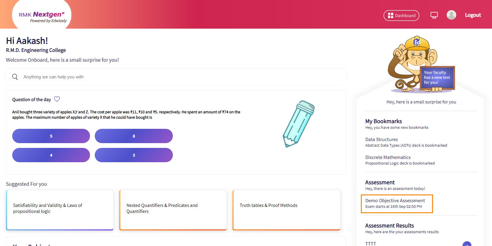 1. You can take an objective assessment from the Dashboard, Classroom or Your Subjects -> Assessment Tab.