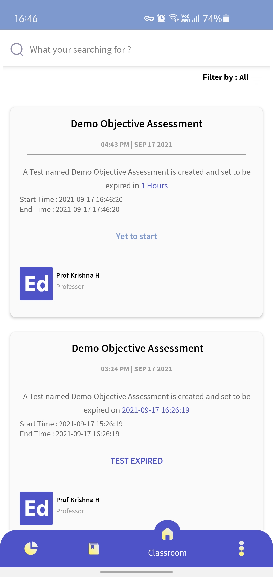 1. You can take an objective assessment from the Dashboard or Classroom Tab.