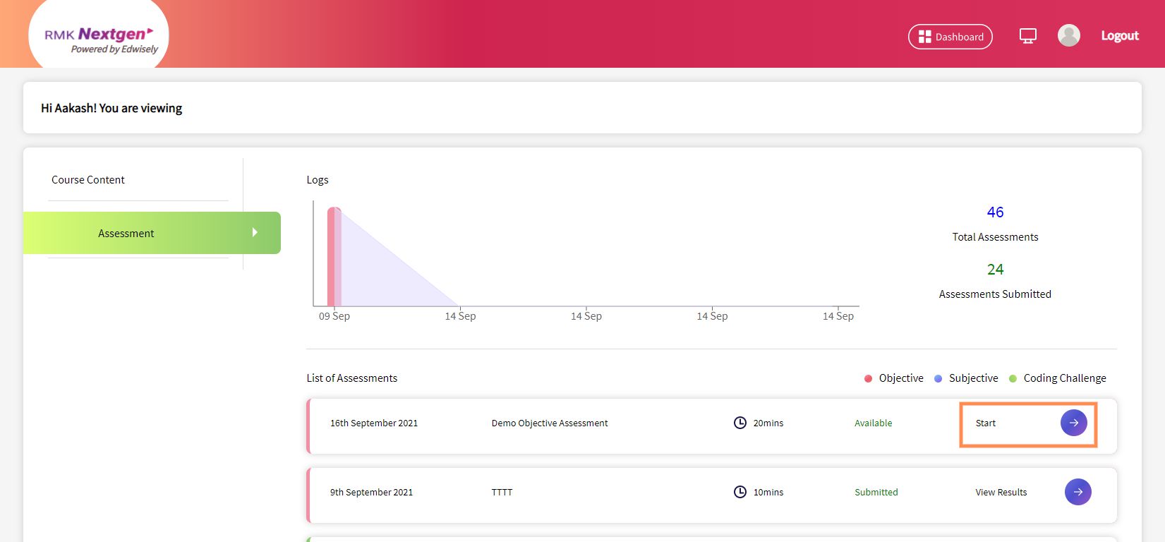 2. Click on “Start Test” to start the Assessment.