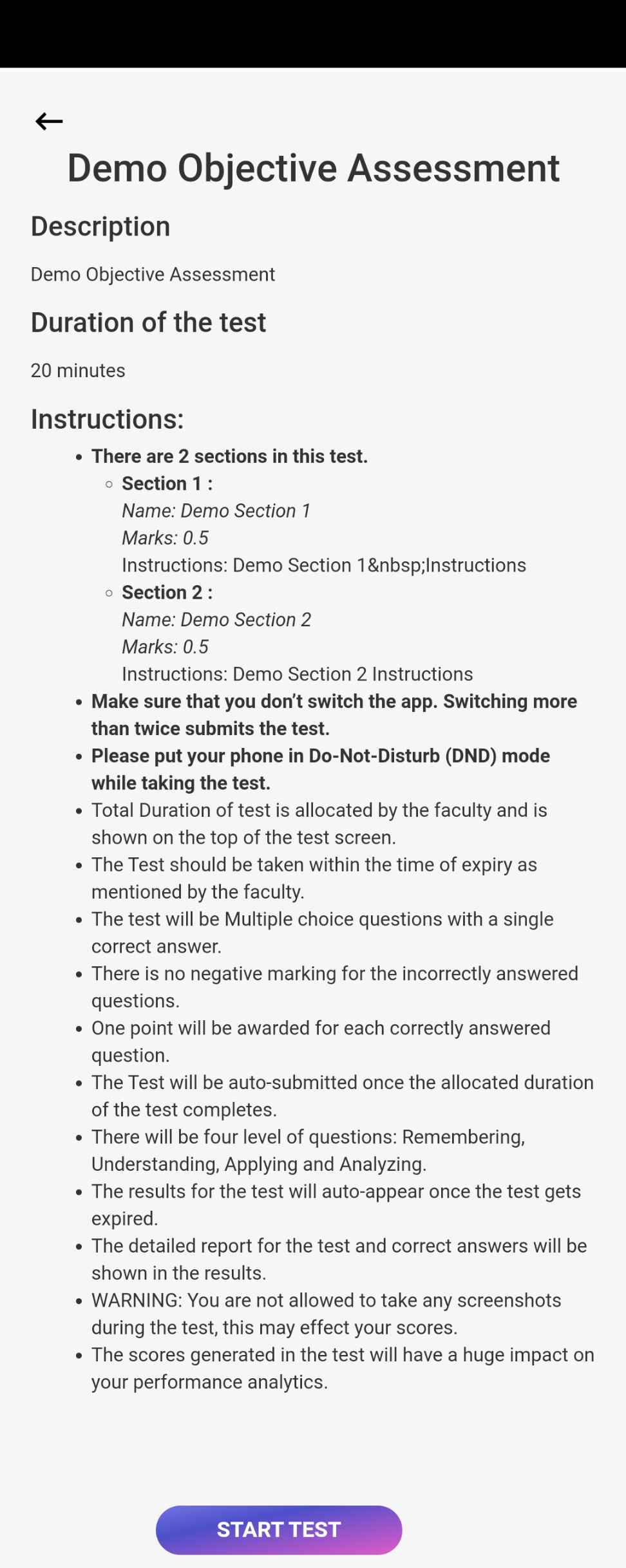 3. Read the instructions carefully.   It also contains info about the different sections of the test and the weightage each question has. Tap on “Start Test” to start taking a test.