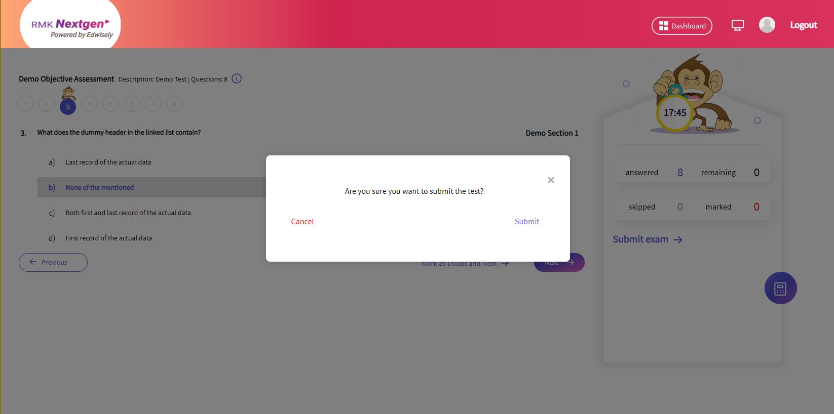 6. Once you answered all the questions, click on “Submit Exam” to submit the Assessment. You’ll be prompted with a pop-up to submit the test. Click “Submit” to proceed and Submit the Assessment.