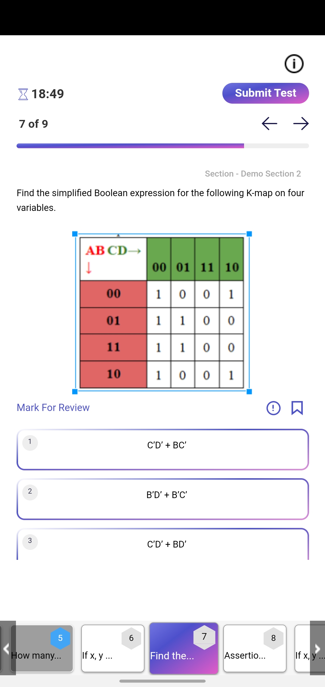 6. You can differentiate questions by the color given to the questions in the question panel.  Ex: In the image below, the 5th question is in one section and 6,7,8 are in another section. You can also see the section question belongs to in the top right. 