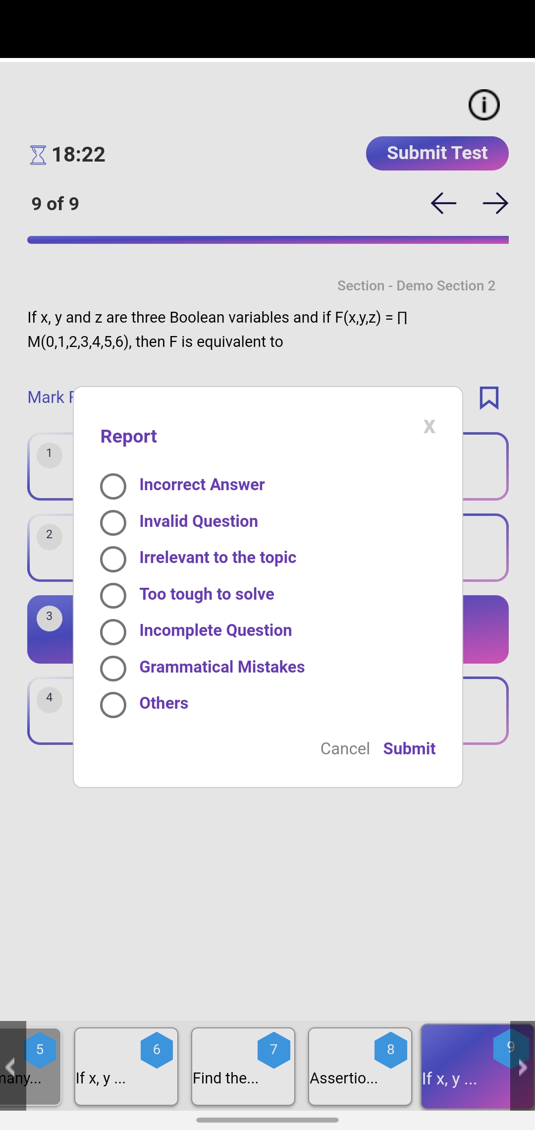 7. You can report the questions by tapping on the exclamation mark (!) on the right of the “mark for review” option.  Select an appropriate option and submit to report an issue with the question to Edwisely.