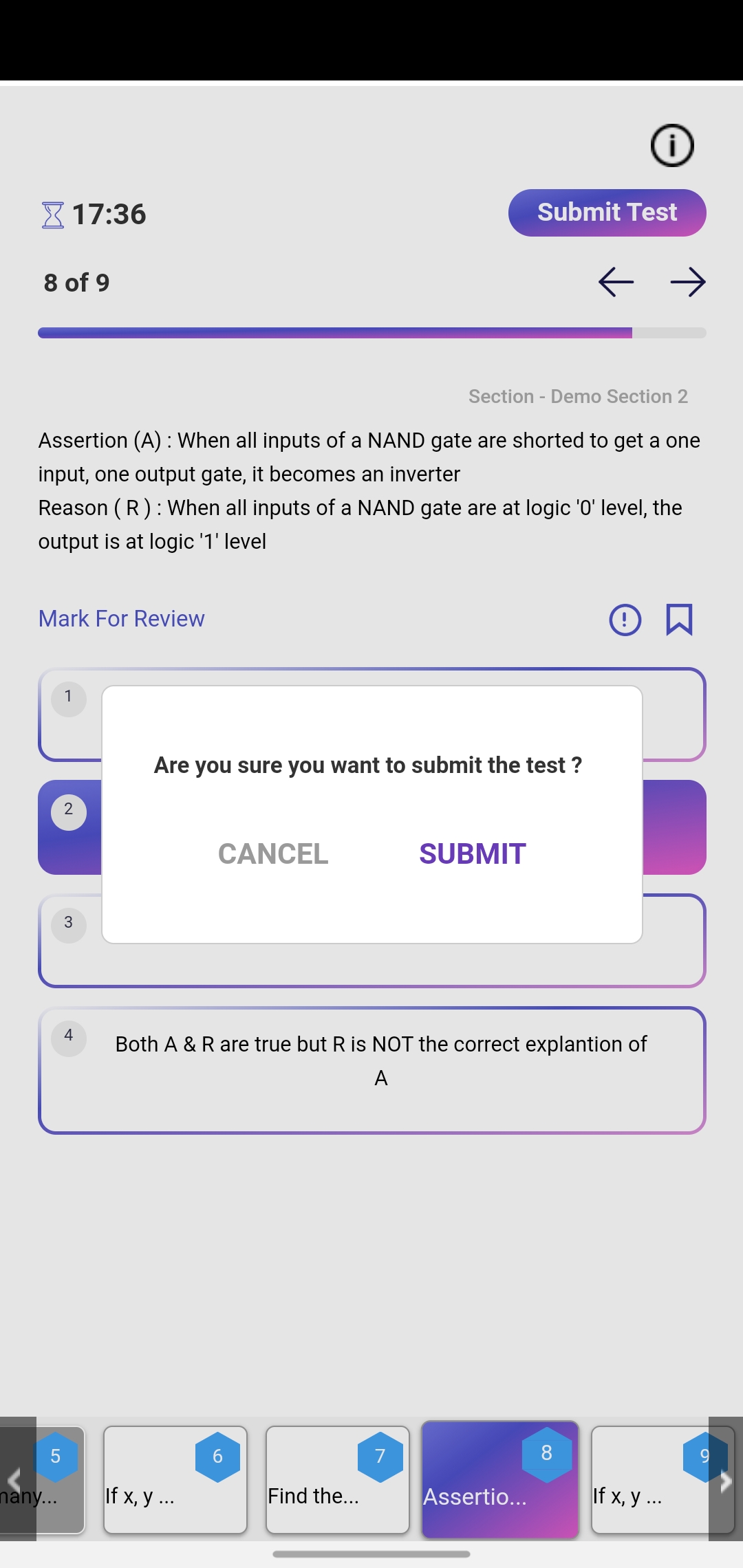 9. Once you answered all the questions, tap on “Submit Exam” to submit the Assessment.  You’ll be prompted with a pop-up to submit the test. Click “Submit” to proceed and Submit the Assessment.