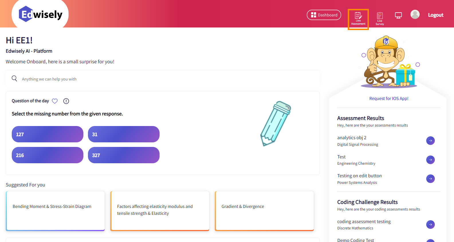 1. Click on the live assessment icon in the student’s dashboard.