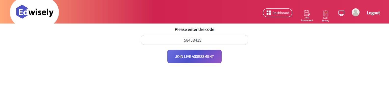 2. Once the icon has been selected the live assessment page appears where the student has to enter the code generated by the faculty and join by clicking on the ‘Join Live Assessment’ button.