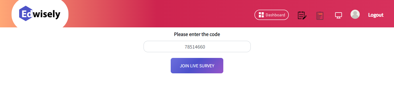 2. Once the icon has been selected the Live Survey page appears where you can enter the code generated by the faculty and join by clicking on the ‘Join Live Survey’ button.