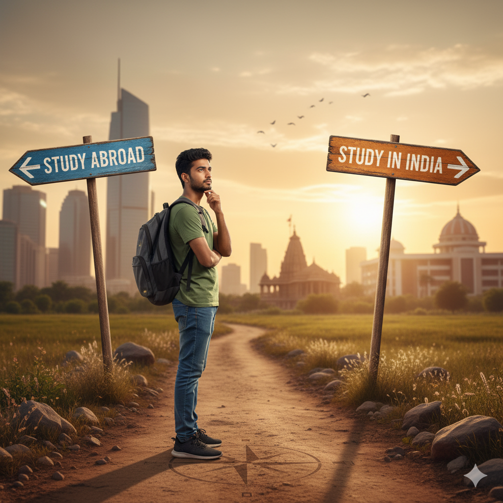 Indian student at crossroads choosing between studying abroad and studying in India