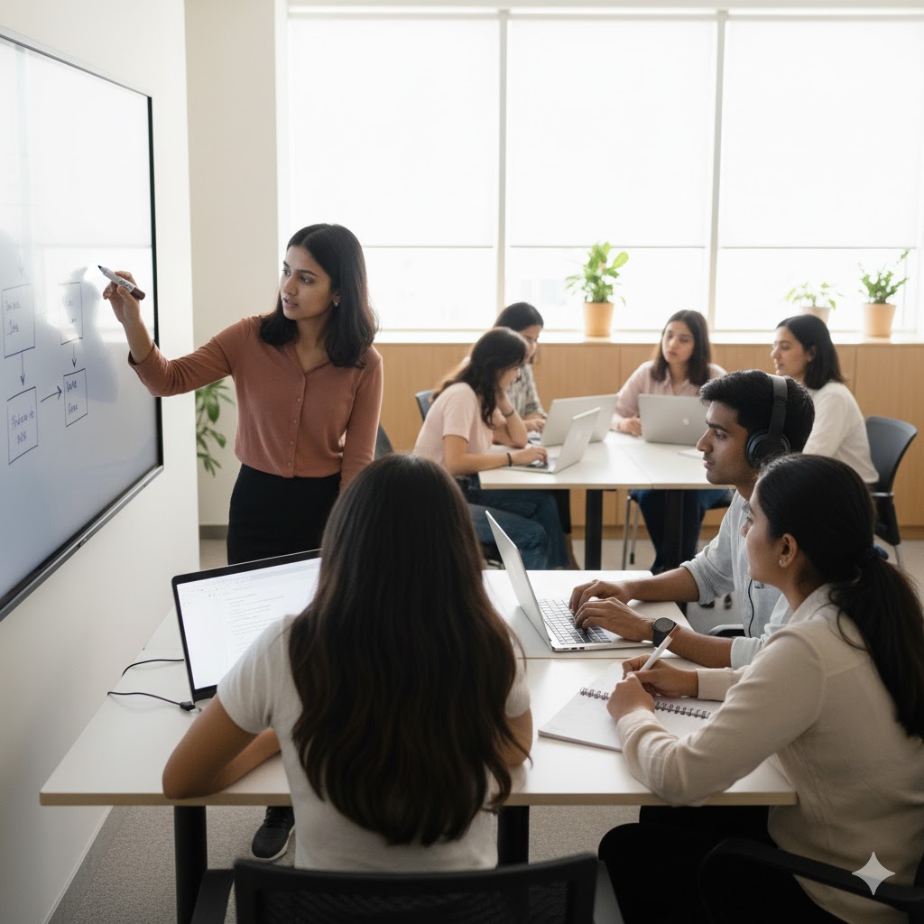 A diverse group of college students collaborating actively in a bright, modern classroom. They are seated around a central desk. One student is presenting or explaining a concept on a small whiteboard, another is researching or documenting notes on a laptop, and a third is actively sketching or planning. The image emphasizes structured teamwork, varied learning roles, and engagement in a contemporary educational environment.